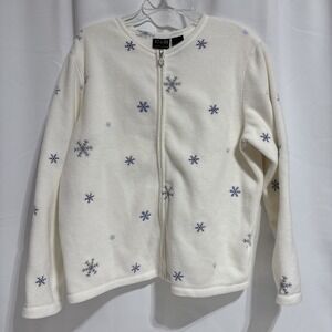 C&B Sport Fleece Snowflake Zip Up Jacket Top Women L Cozy Winter Christmas